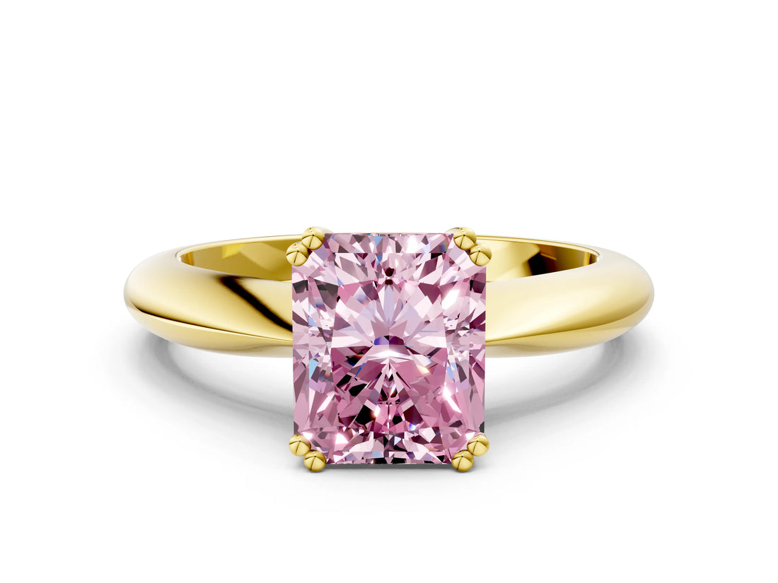 Yellow gold Fancy Pink Radiant  Cut Solitaire Engagement Ring with Tapered Band and Four-Prong Setting
