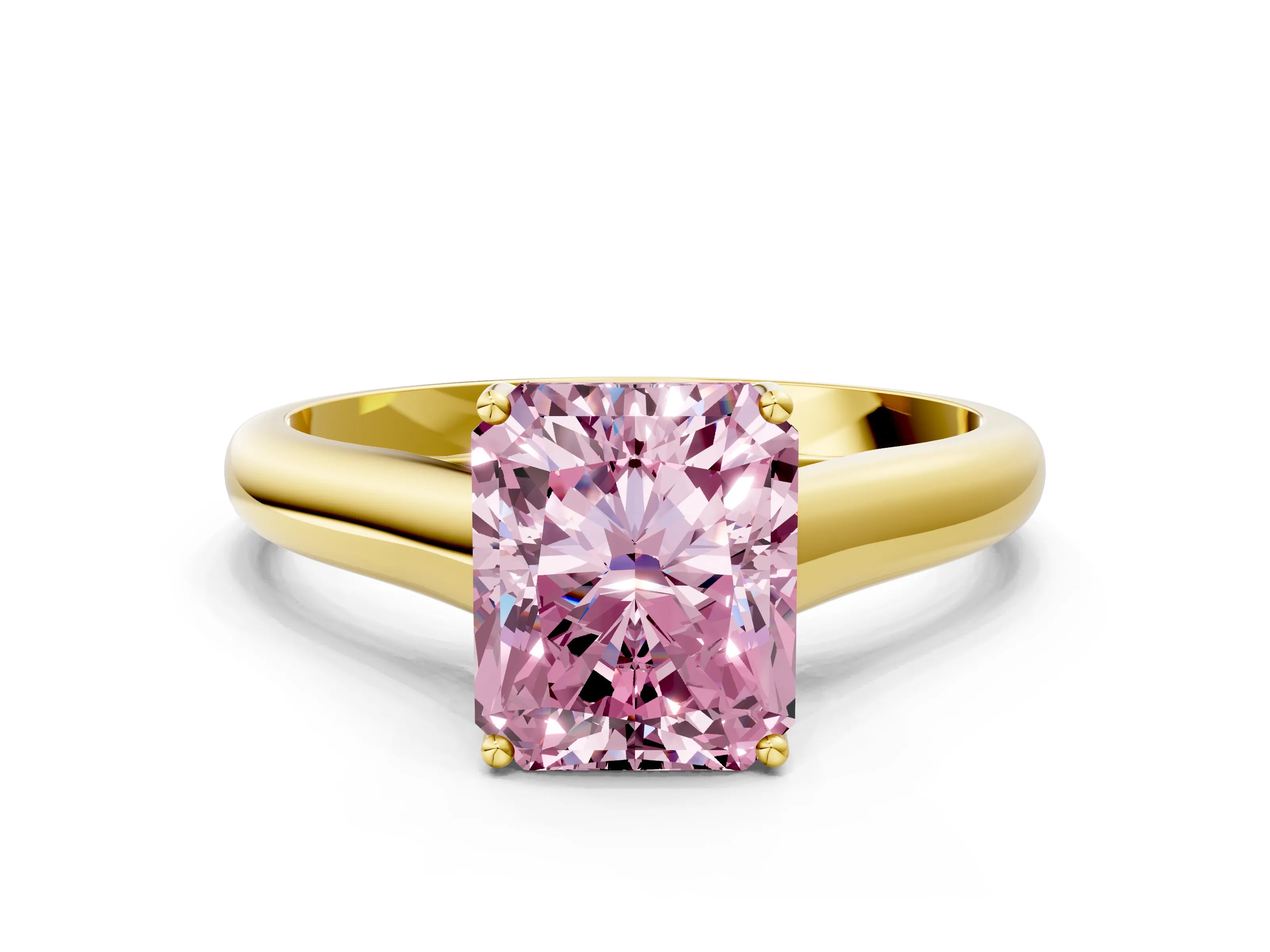 Yellow gold Fancy Pink Radiant Cut Solitaire Engagement Ring with Tapered Band and Four-Prong Setting_3