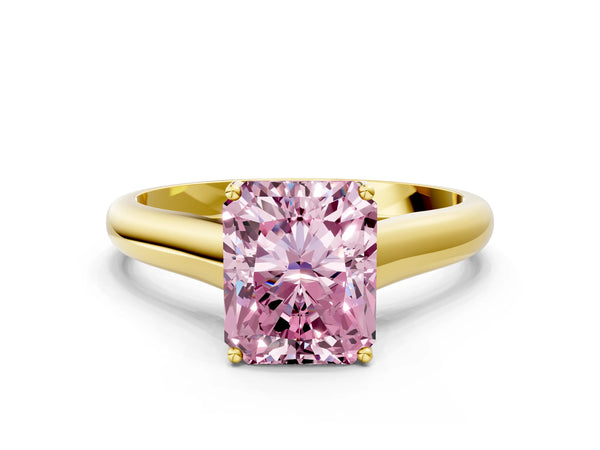 Yellow gold Fancy Pink Radiant Cut Solitaire Engagement Ring with Tapered Band and Four-Prong Setting