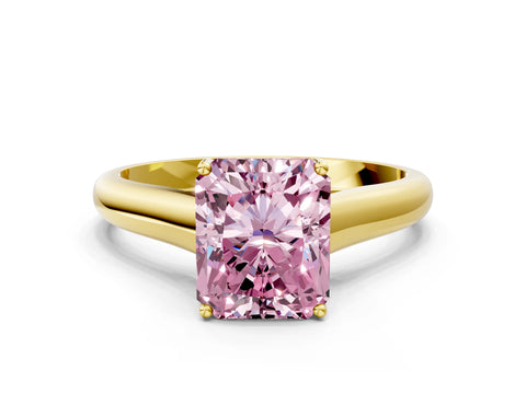 Yellow gold Fancy Pink Radiant Cut Solitaire Engagement Ring with Tapered Band and Four-Prong Setting_3