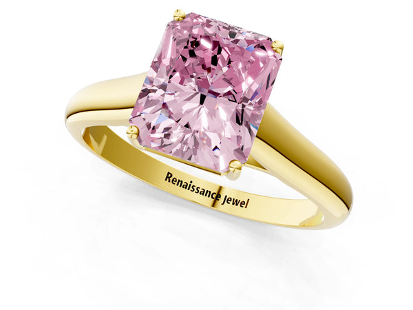 Yellow gold Fancy Pink Radiant Cut Solitaire Engagement Ring with Tapered Band and Four-Prong Setting
