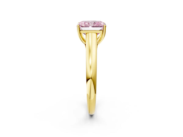 Yellow gold Fancy Pink Radiant Cut Solitaire Engagement Ring with Tapered Band and Four-Prong Setting