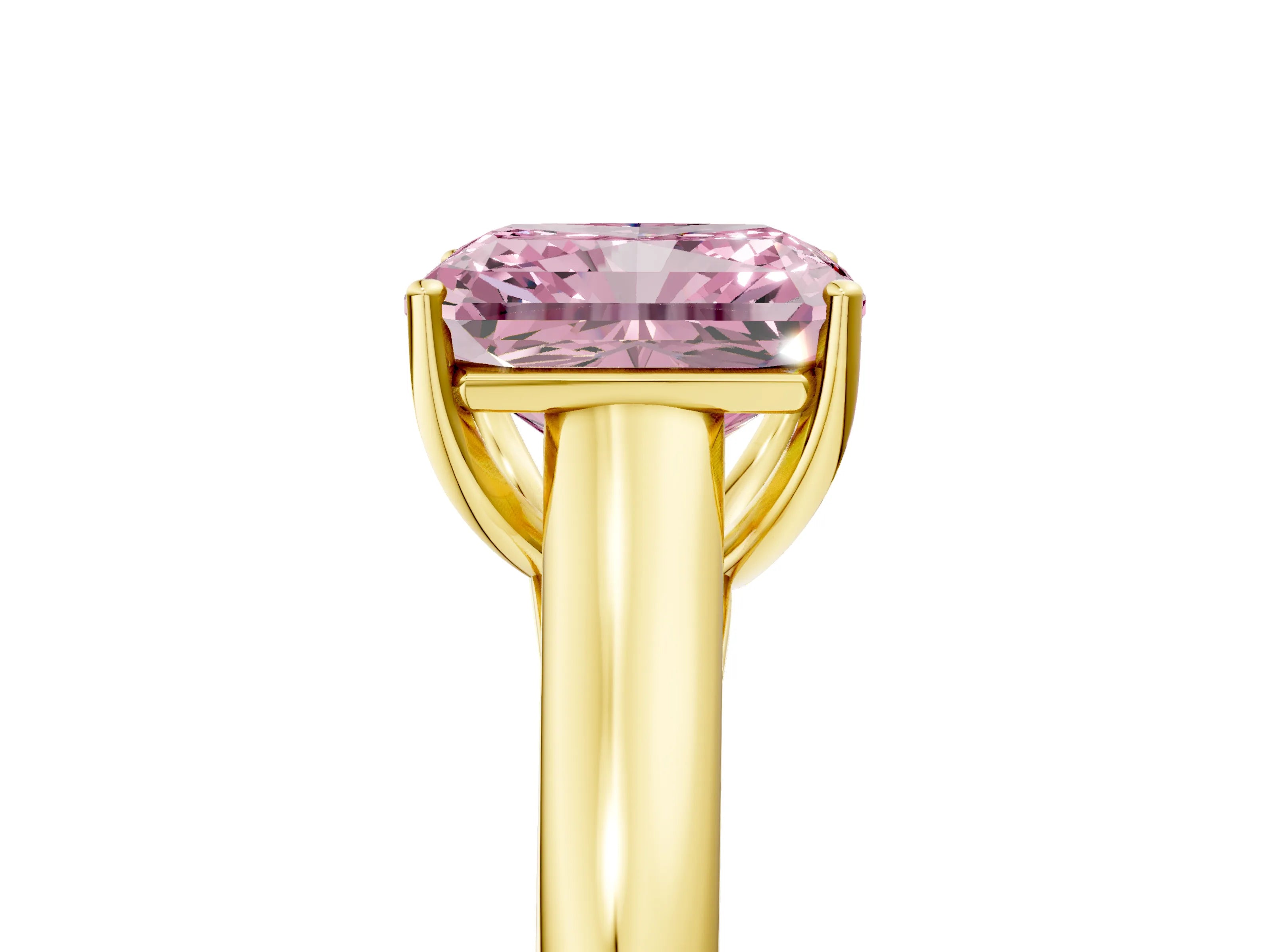 Yellow gold Fancy Pink Radiant Cut Solitaire Engagement Ring with Tapered Band and Four-Prong Setting_8