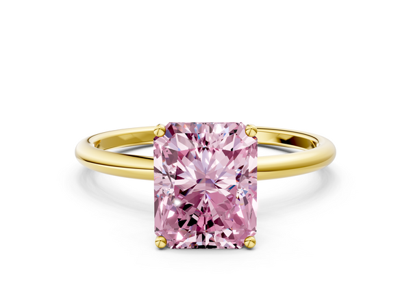 Yellow gold Fancy Pink Radiant  Cut Solitaire Engagement Ring with Thin Band and Four-Prong Setting