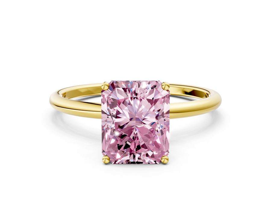Yellow gold Fancy Pink Radiant  Cut Solitaire Engagement Ring with Thin Band and Four-Prong Setting