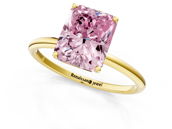 Yellow gold Fancy Pink Radiant  Cut Solitaire Engagement Ring with Thin Band and Four-Prong Setting