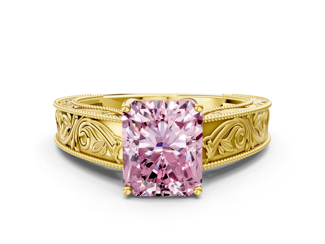 Yellow gold Fancy Pink Radiant  Cut Solitaire Engraved Band with Four-Prong Setting_76