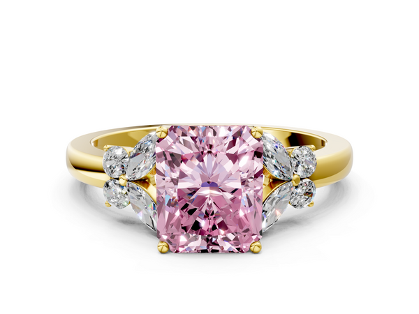 Yellow gold Fancy Pink Radiant  Cut Solitaire Floral Diamond Ring with Four-Prong Setting
