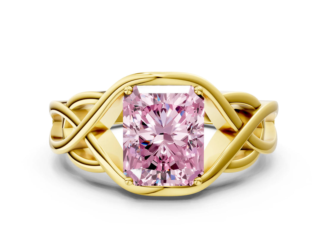Yellow gold Fancy Pink Radiant Cut Solitaire Intertwined Band Prong Setting Ring