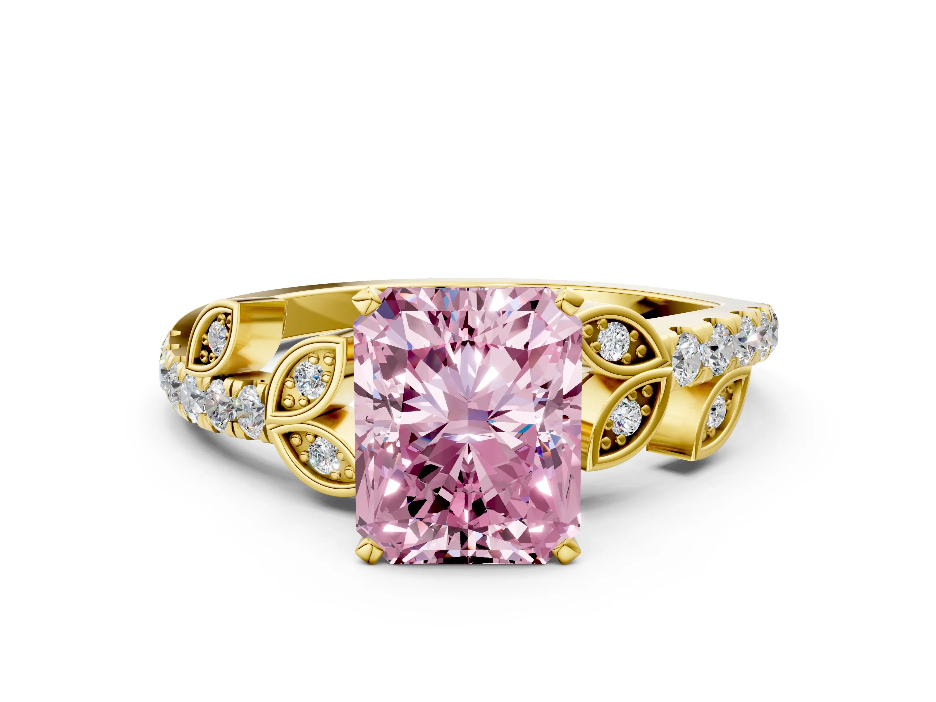 Yellow gold Fancy Pink Radiant Cut Solitaire Leaf-Inspired Diamond Ring with Pavé Band and Four-Prong Setting
