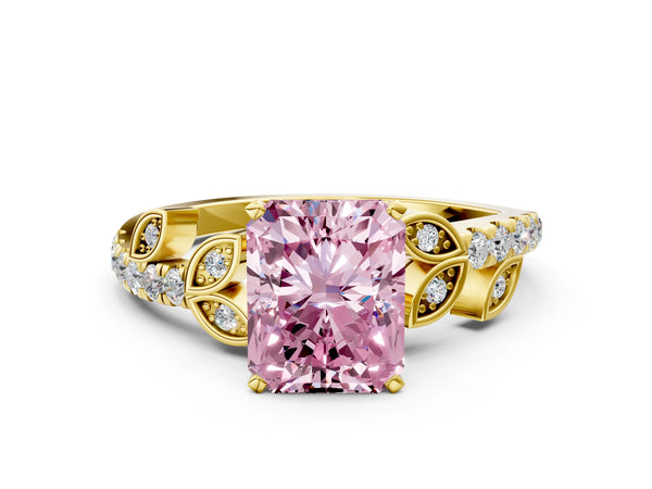 Yellow gold Fancy Pink Radiant Cut Solitaire Leaf-Inspired Diamond Ring with Pavé Band and Four-Prong Setting