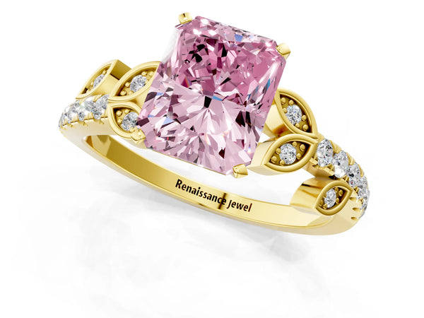 Yellow gold Fancy Pink Radiant Cut Solitaire Leaf-Inspired Diamond Ring with Pavé Band and Four-Prong Setting