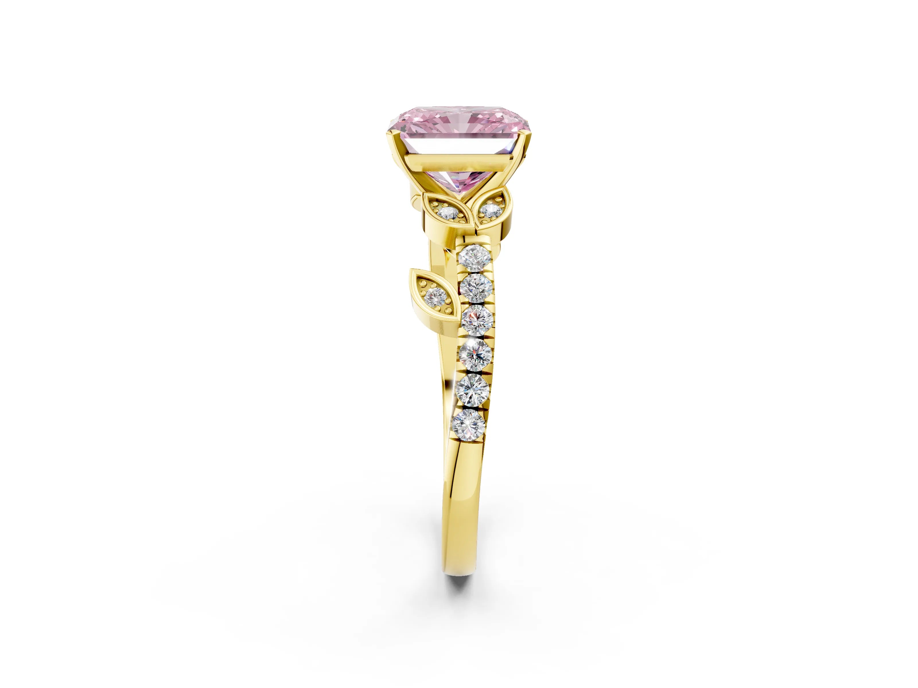 Yellow gold Fancy Pink Radiant Cut Solitaire Leaf-Inspired Diamond Ring with Pavé Band and Four-Prong Setting_2
