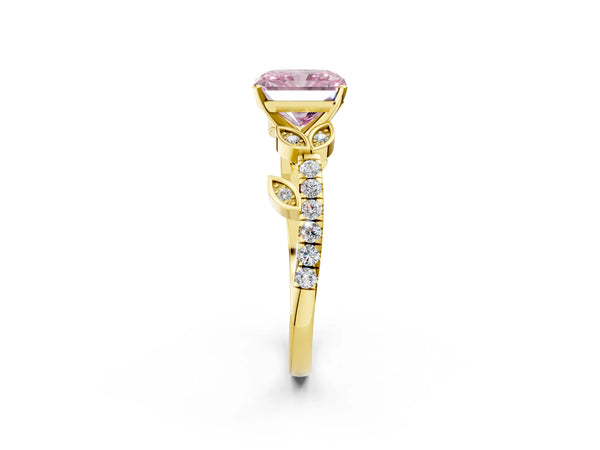 Yellow gold Fancy Pink Radiant Cut Solitaire Leaf-Inspired Diamond Ring with Pavé Band and Four-Prong Setting