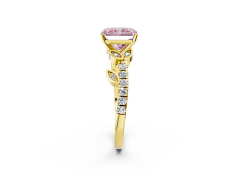 Yellow gold Fancy Pink Radiant Cut Solitaire Leaf-Inspired Diamond Ring with Pavé Band and Four-Prong Setting_2