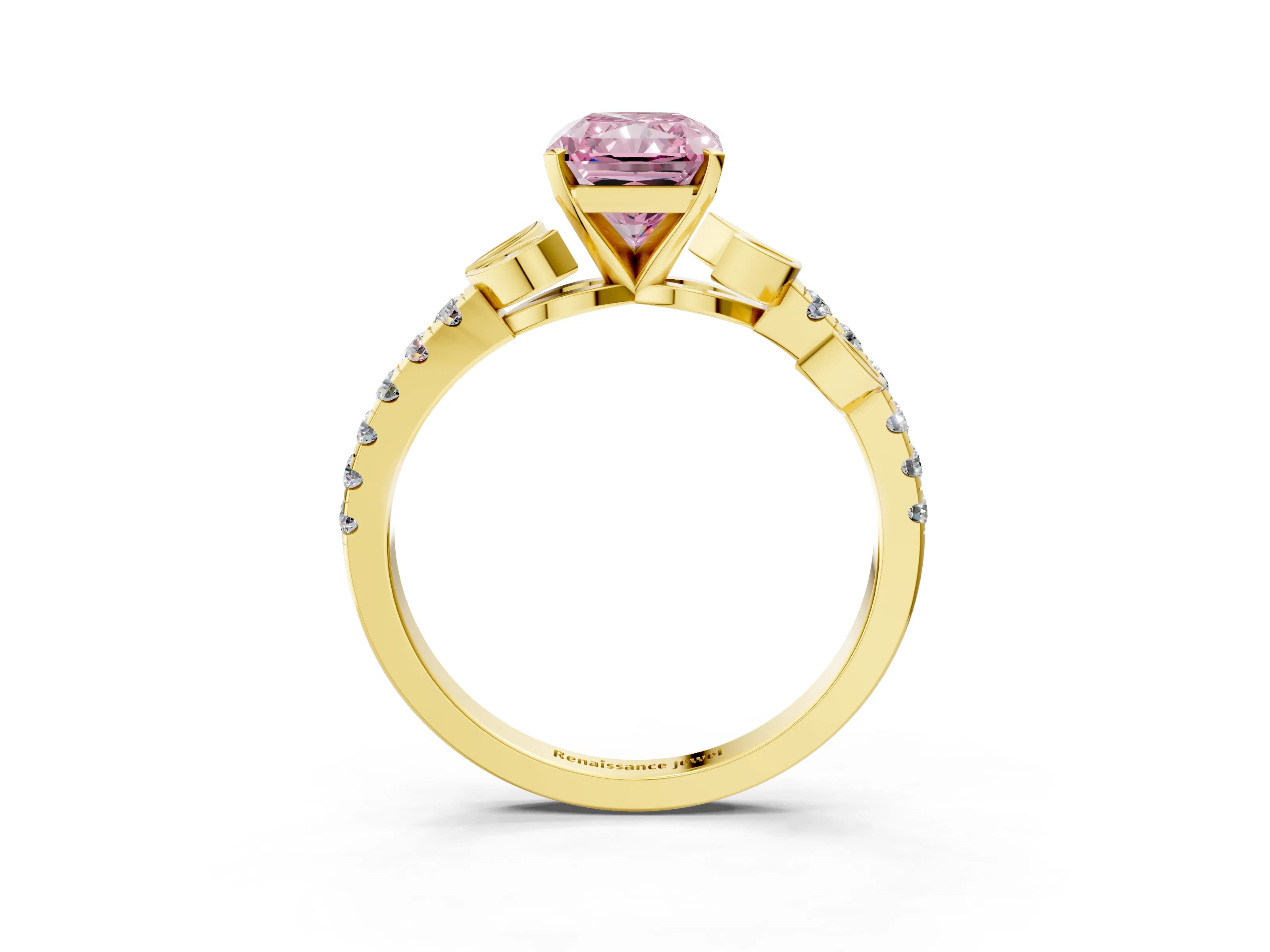 Yellow gold Fancy Pink Radiant Cut Solitaire Leaf-Inspired Diamond Ring with Pavé Band and Four-Prong Setting_3
