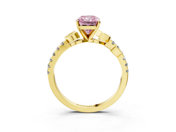 Yellow gold Fancy Pink Radiant Cut Solitaire Leaf-Inspired Diamond Ring with Pavé Band and Four-Prong Setting