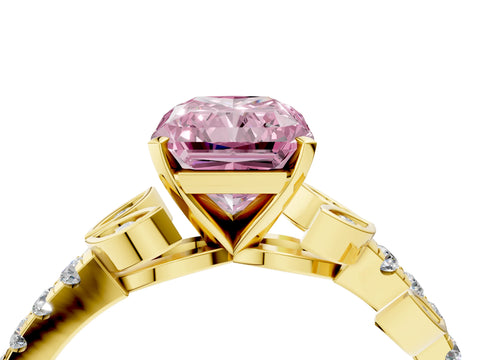 Yellow gold Fancy Pink Radiant Cut Solitaire Leaf-Inspired Diamond Ring with Pavé Band and Four-Prong Setting_4