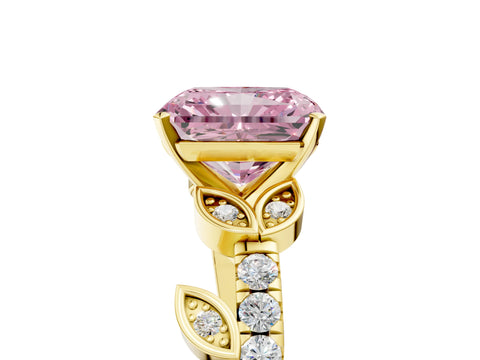 Yellow gold Fancy Pink Radiant Cut Solitaire Leaf-Inspired Diamond Ring with Pavé Band and Four-Prong Setting_5