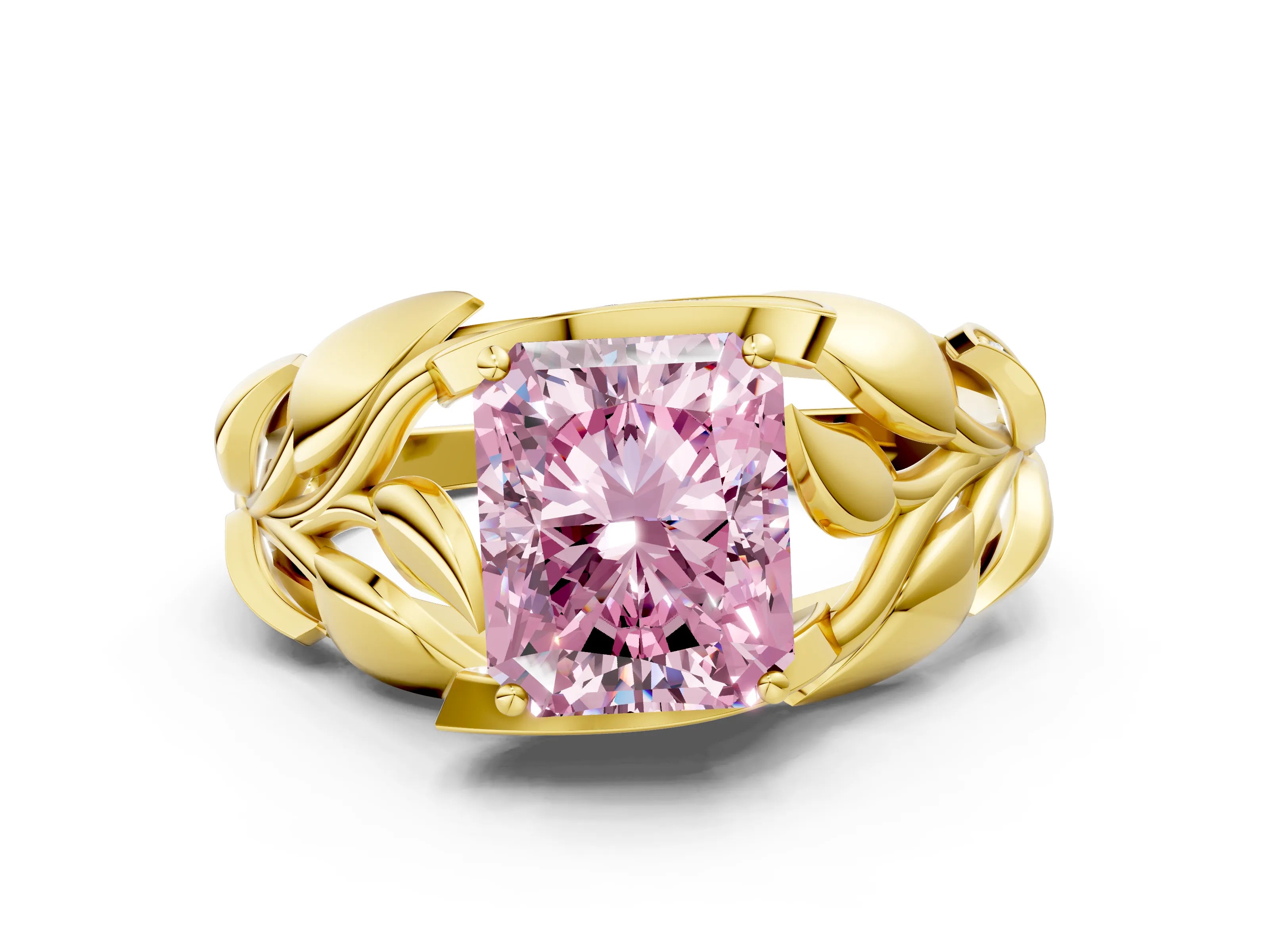 Yellow gold Fancy Pink Radiant Cut Solitaire Leaf-Inspired Engagement Ring with Prong Setting