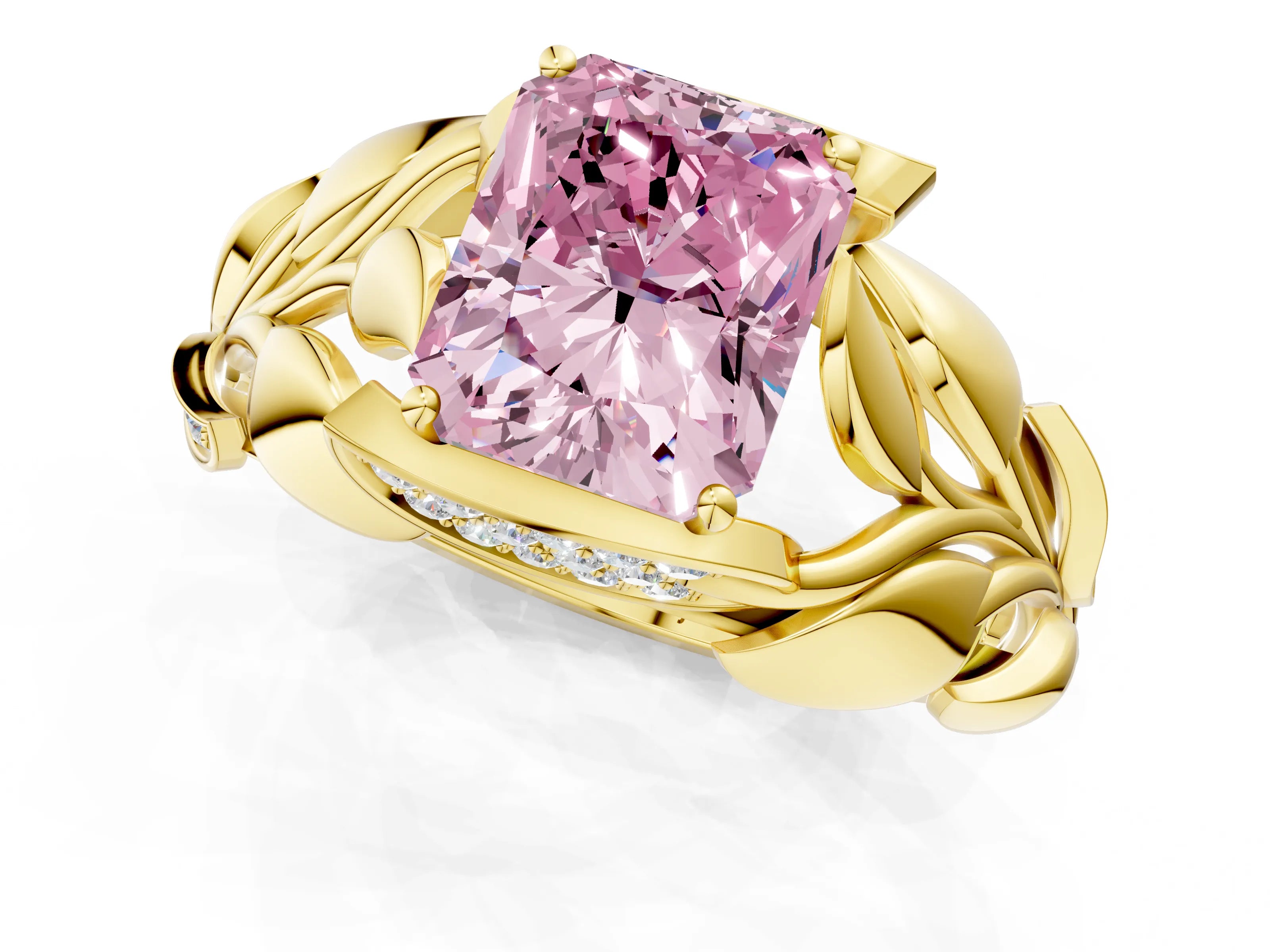 Yellow gold Fancy Pink Radiant Cut Solitaire Leaf-Inspired Engagement Ring with Prong Setting_1