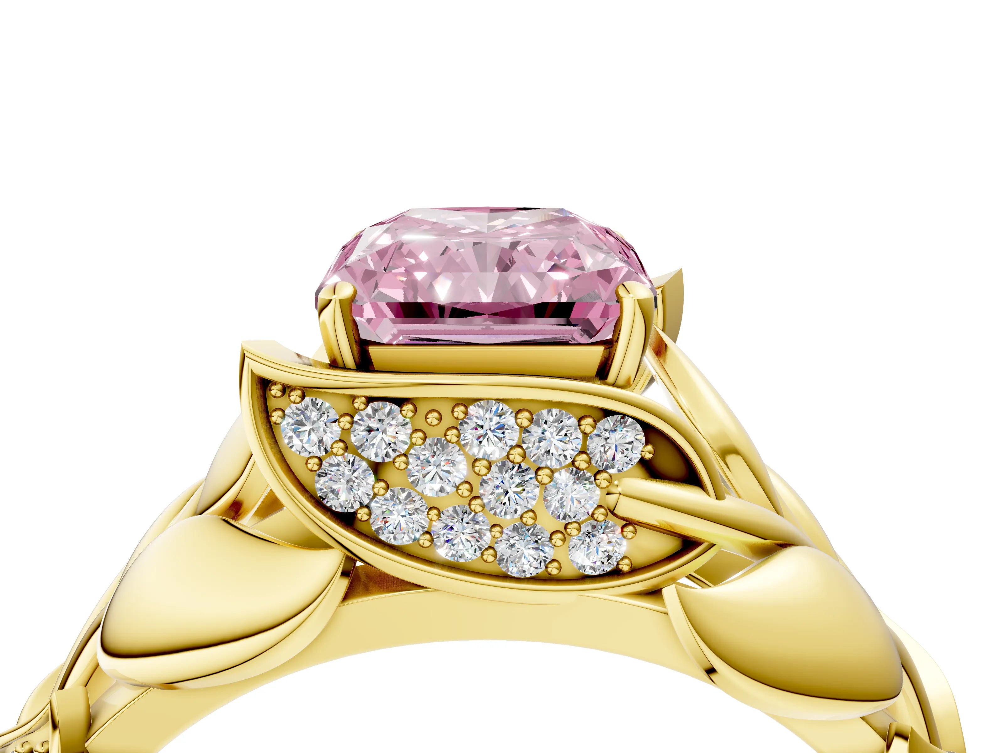 Yellow gold Fancy Pink Radiant Cut Solitaire Leaf-Inspired Engagement Ring with Prong Setting_4