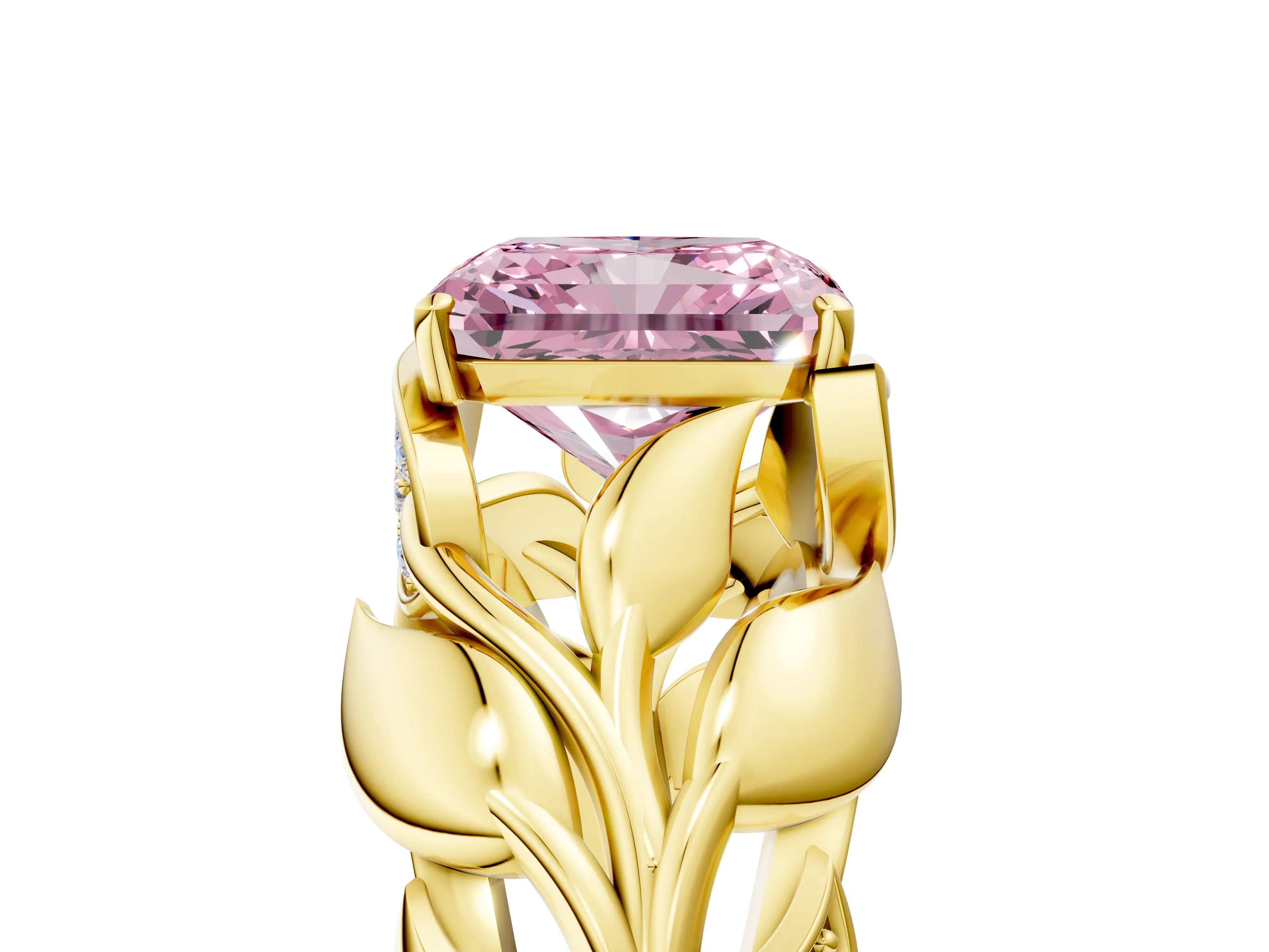 Yellow gold Fancy Pink Radiant Cut Solitaire Leaf-Inspired Engagement Ring with Prong Setting_5