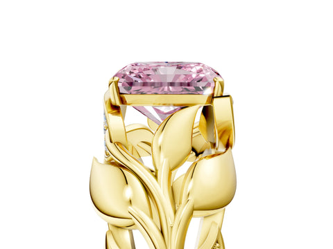 Yellow gold Fancy Pink Radiant Cut Solitaire Leaf-Inspired Engagement Ring with Prong Setting_5