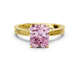 Yellow gold Fancy Pink Radiant Cut Solitaire Milgrain Engraved Band with Four-Prong Setting