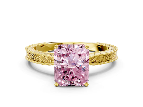 Yellow gold Fancy Pink Radiant Cut Solitaire Milgrain Engraved Band with Four-Prong Setting