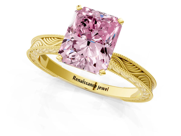 Yellow gold Fancy Pink Radiant Cut Solitaire Milgrain Engraved Band with Four-Prong Setting