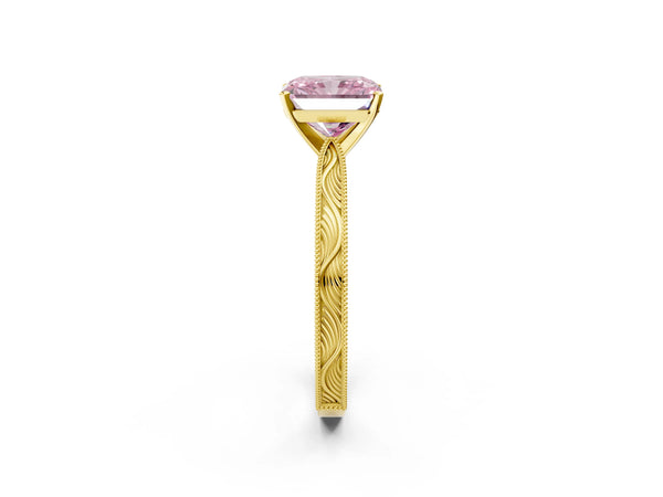 Yellow gold Fancy Pink Radiant Cut Solitaire Milgrain Engraved Band with Four-Prong Setting