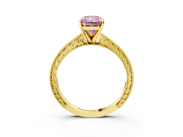 Yellow gold Fancy Pink Radiant Cut Solitaire Milgrain Engraved Band with Four-Prong Setting