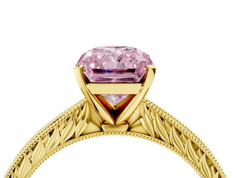 Yellow gold Fancy Pink Radiant Cut Solitaire Milgrain Engraved Band with Four-Prong Setting_4