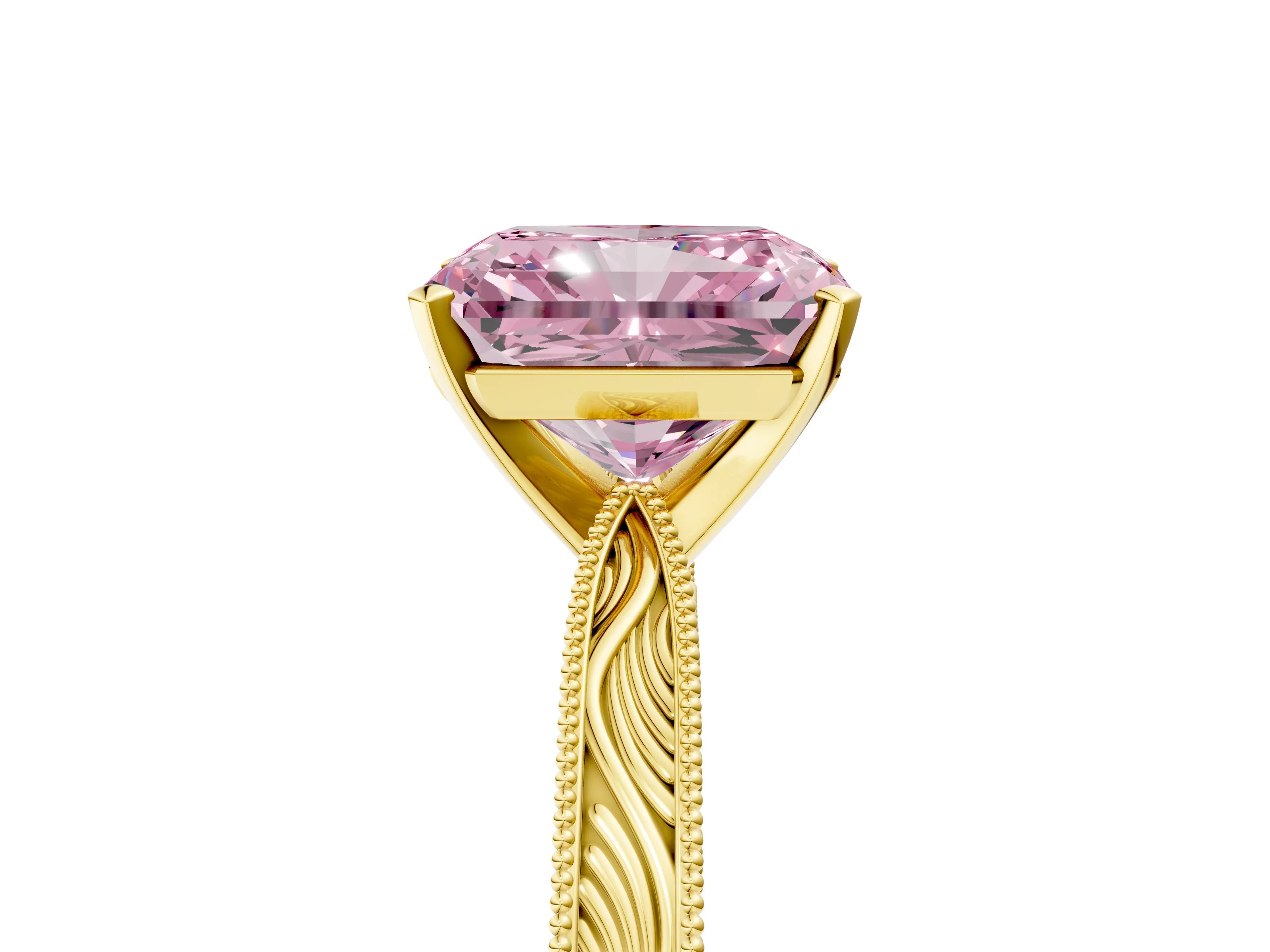 Yellow gold Fancy Pink Radiant Cut Solitaire Milgrain Engraved Band with Four-Prong Setting_5
