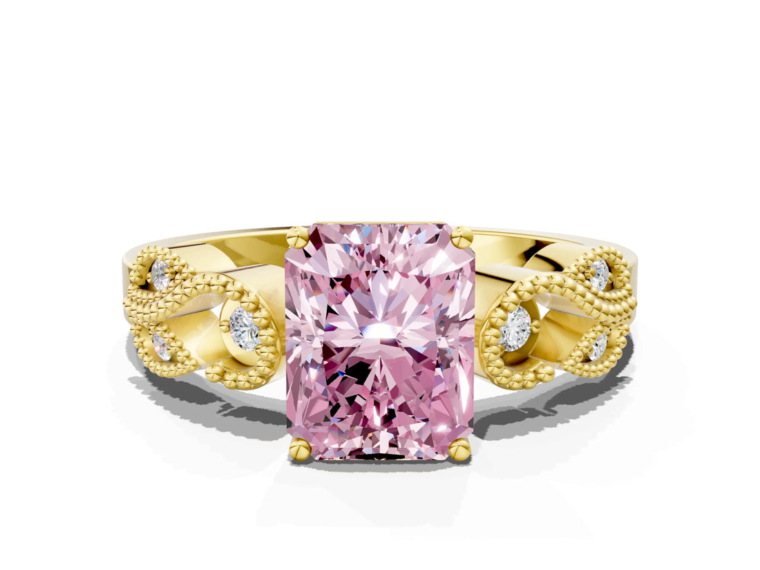 Yellow gold Fancy Pink Radiant Cut Solitaire Milgrain Leaf Band with Prong Setting