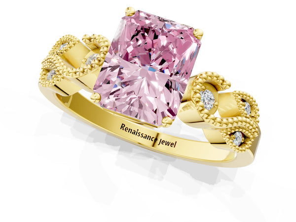 Yellow gold Fancy Pink Radiant Cut Solitaire Milgrain Leaf Band with Prong Setting