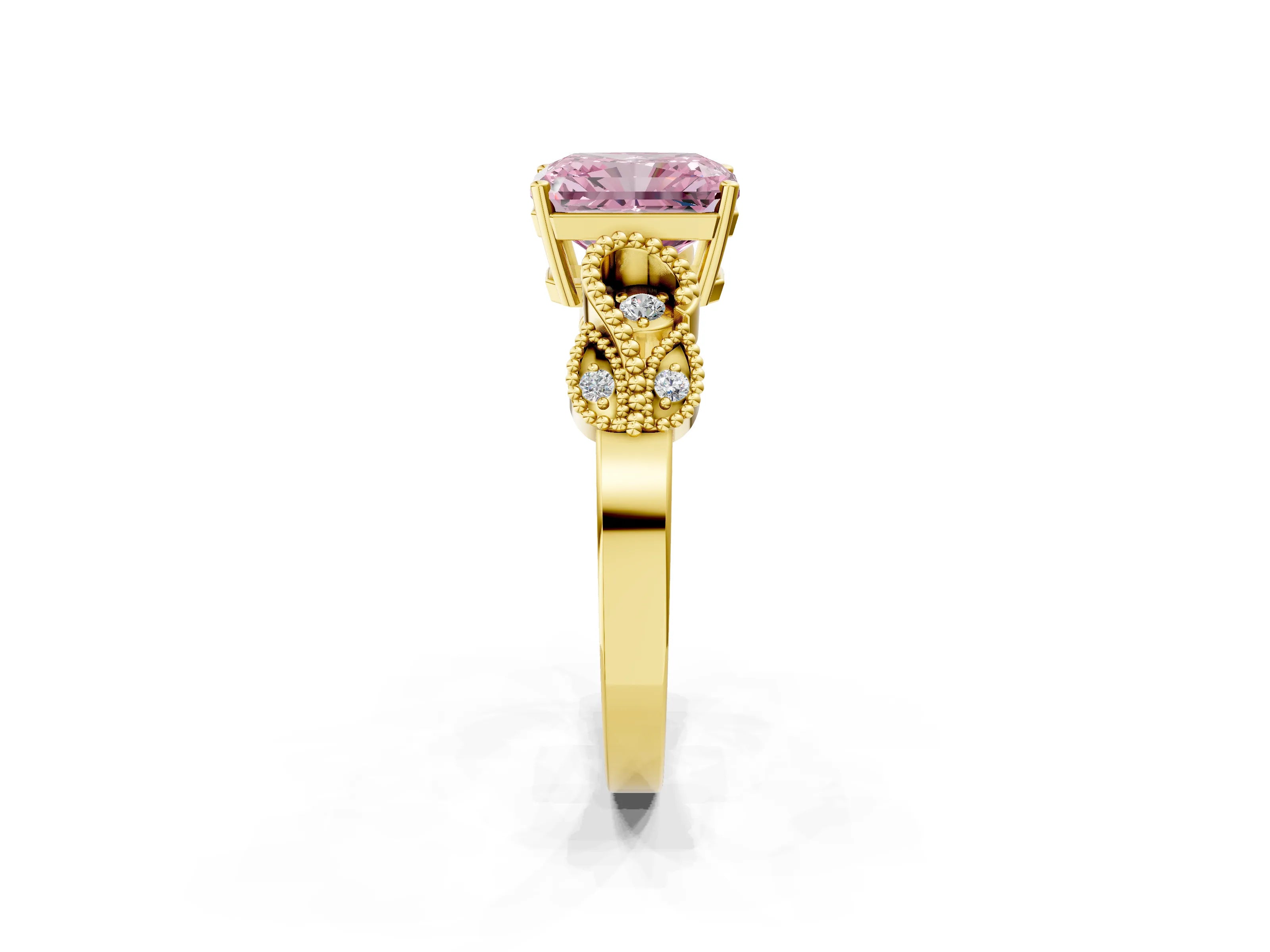 Yellow gold Fancy Pink Radiant Cut Solitaire Milgrain Leaf Band with Prong Setting_2