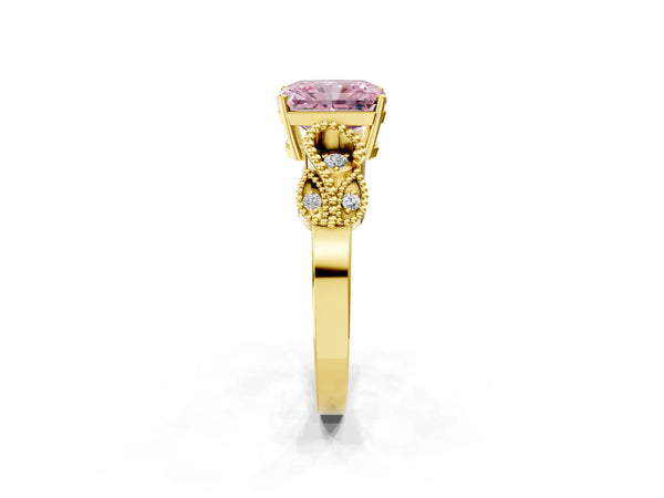 Yellow gold Fancy Pink Radiant Cut Solitaire Milgrain Leaf Band with Prong Setting