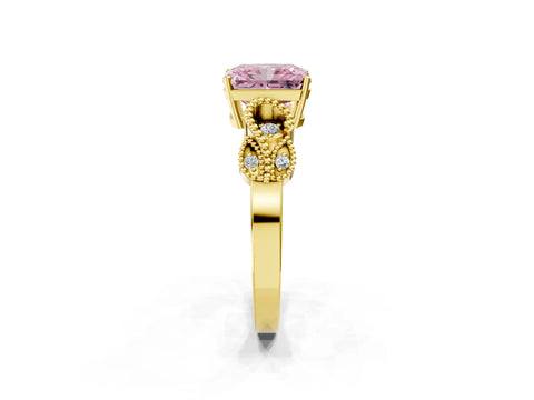 Yellow gold Fancy Pink Radiant Cut Solitaire Milgrain Leaf Band with Prong Setting_2