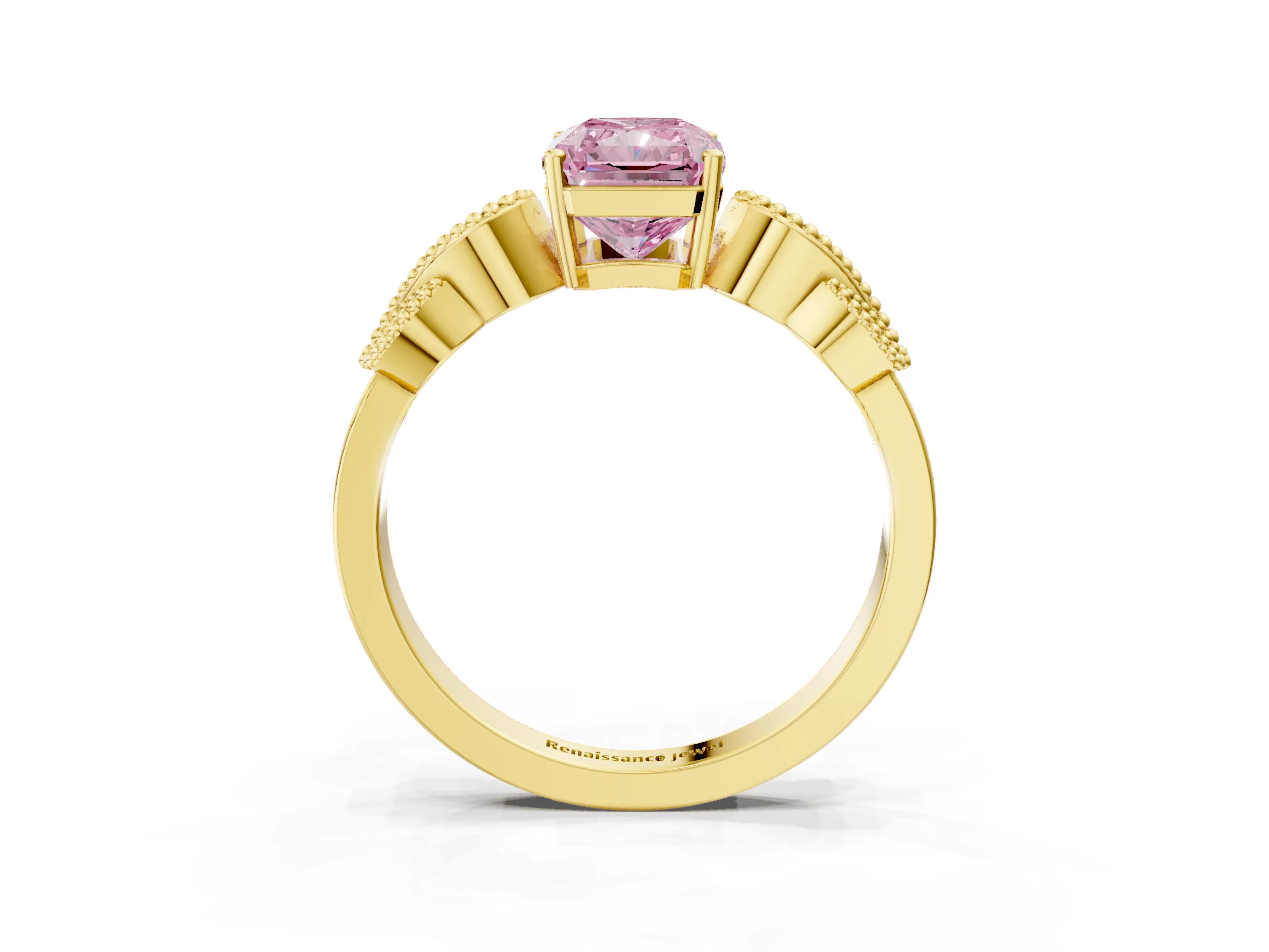 Yellow gold Fancy Pink Radiant Cut Solitaire Milgrain Leaf Band with Prong Setting_3