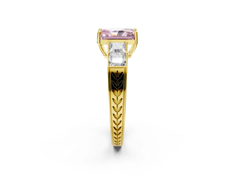 Yellow gold Fancy Pink Radiant Cut Solitaire Princess Side Stone Engraved Band Prong Setting Ring_2