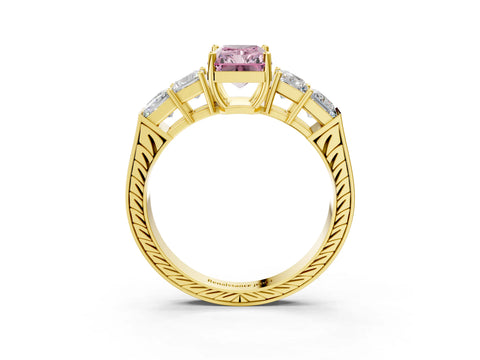 Yellow gold Fancy Pink Radiant Cut Solitaire Princess Side Stone Engraved Band Prong Setting Ring_3