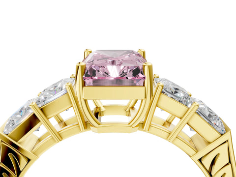 Yellow gold Fancy Pink Radiant Cut Solitaire Princess Side Stone Engraved Band Prong Setting Ring_4