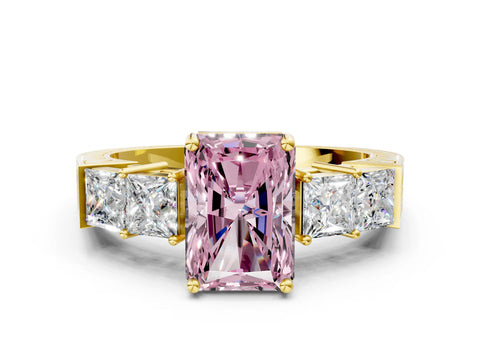 Yellow gold Fancy Pink Radiant Cut Solitaire Princess Side Stone Engraved Band Prong Setting Ring