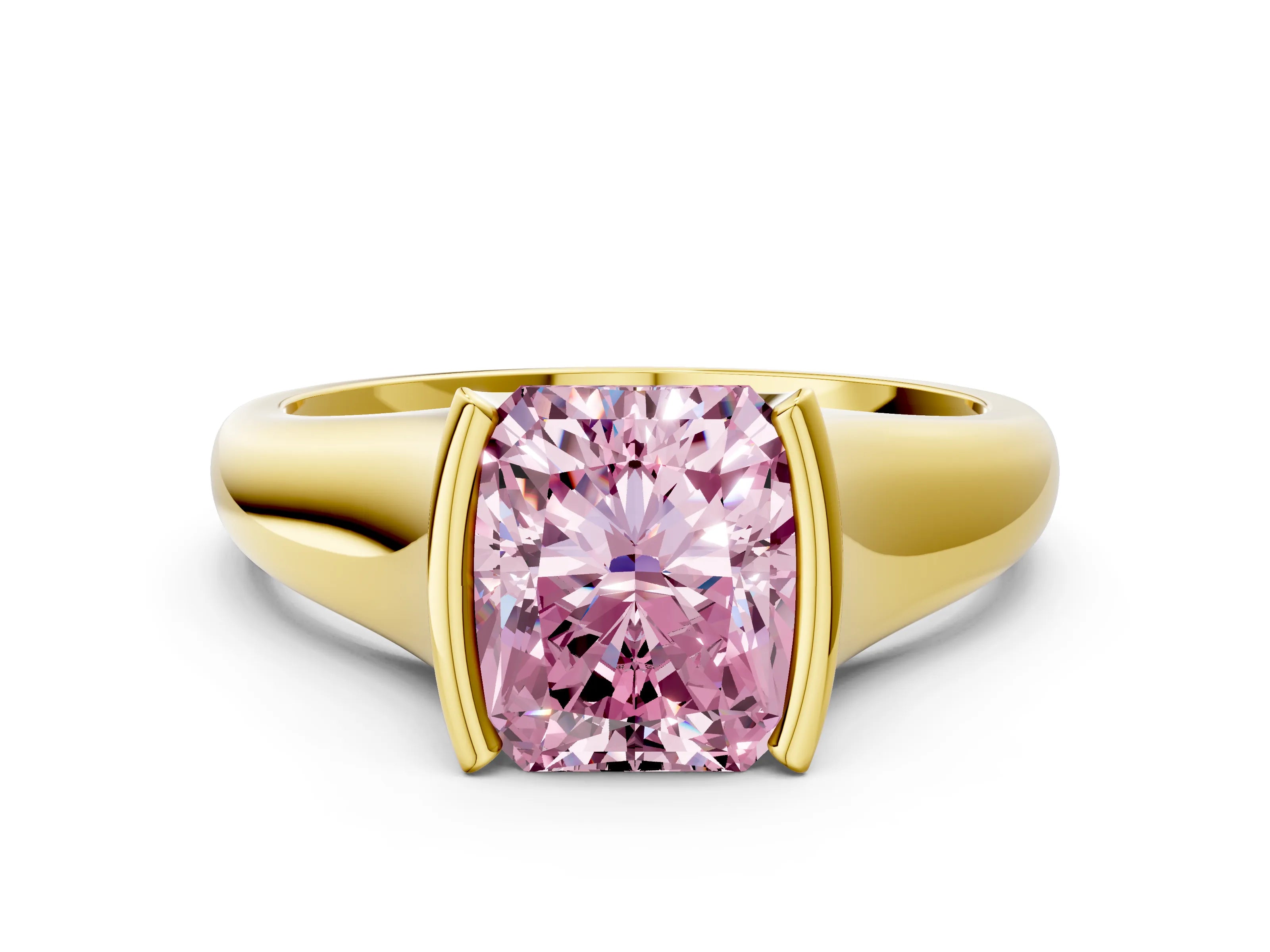 Yellow gold Fancy Pink Radiant Cut Solitaire Tension Set Diamond Ring with Split Shank Band