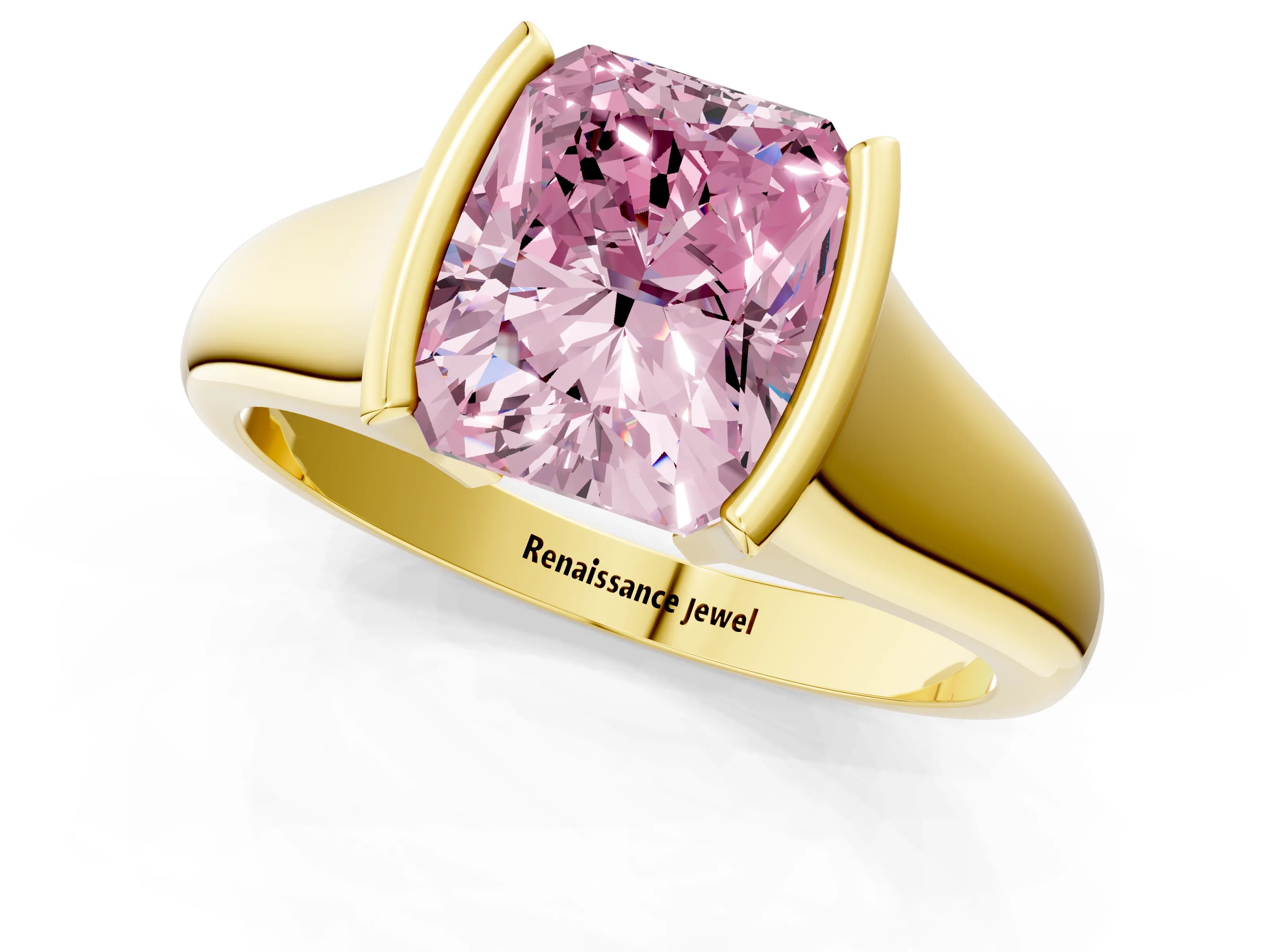 Yellow gold Fancy Pink Radiant Cut Solitaire Tension Set Diamond Ring with Split Shank Band_1