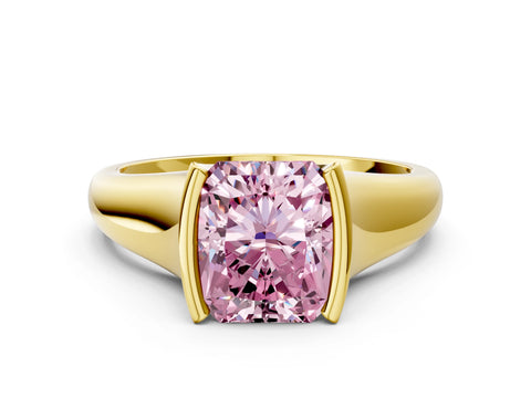 Yellow gold Fancy Pink Radiant Cut Solitaire Tension Set Diamond Ring with Split Shank Band