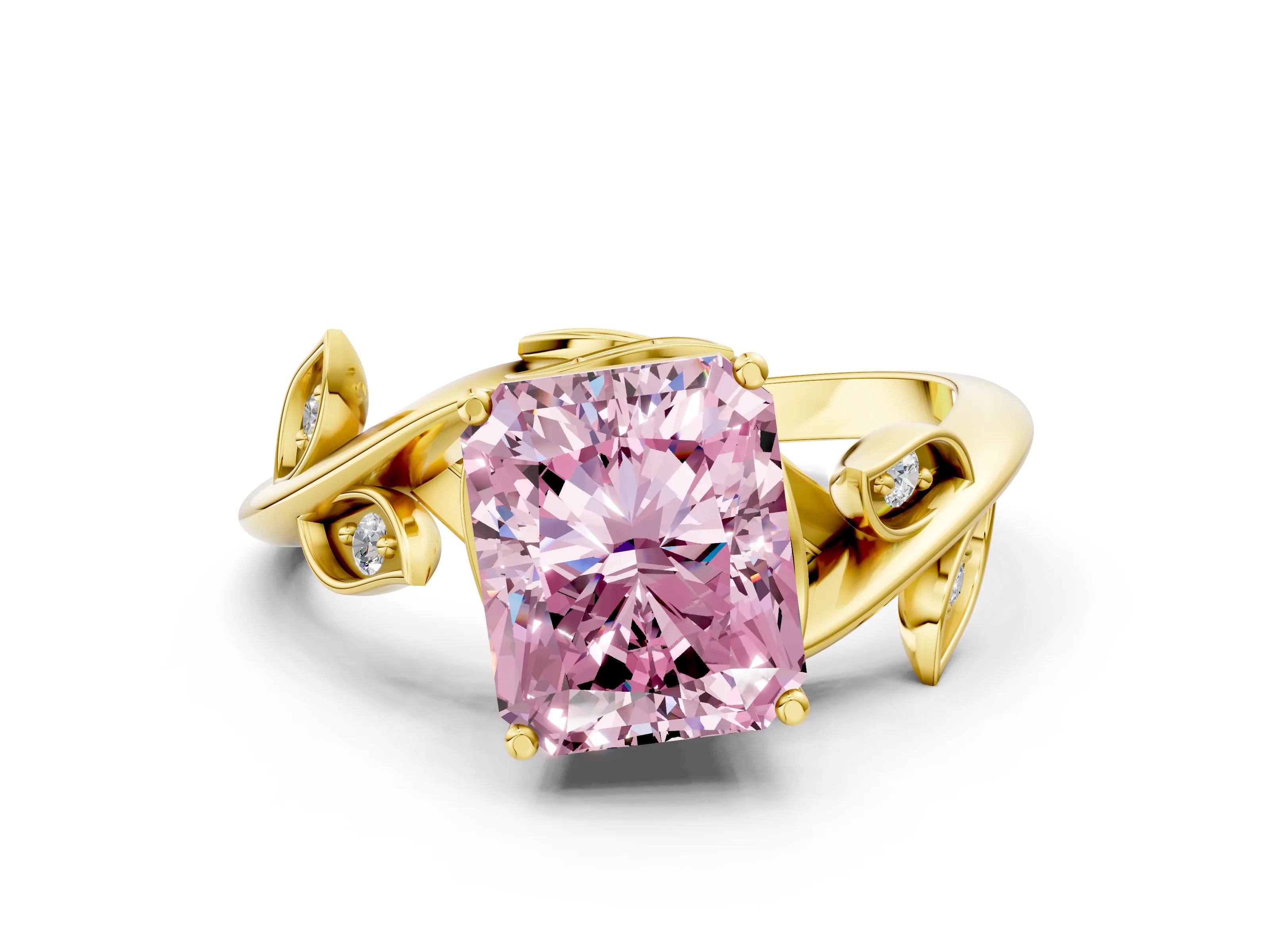 Yellow gold Fancy Pink Radiant Cut Solitaire Twist Engagement Ring with Leaf Accents and Prong Setting_13