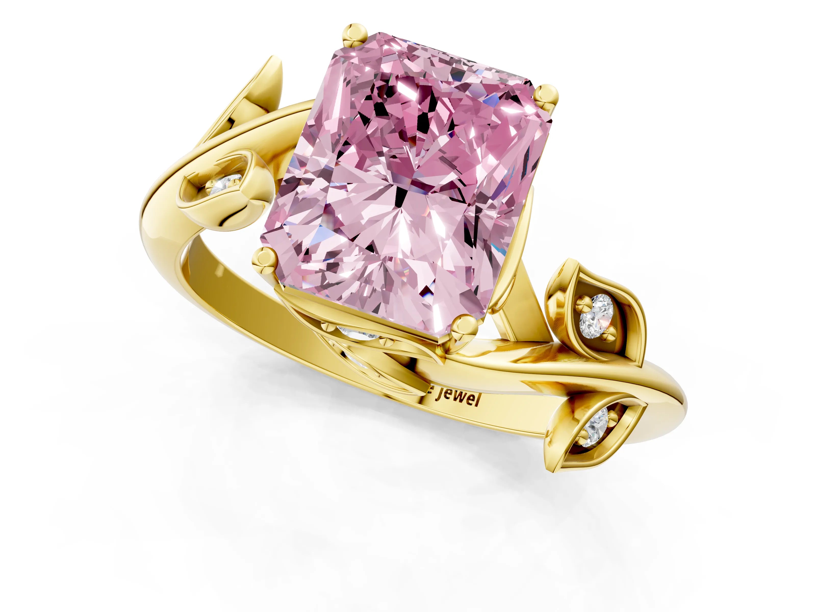 Yellow gold Fancy Pink Radiant Cut Solitaire Twist Engagement Ring with Leaf Accents and Prong Setting_14